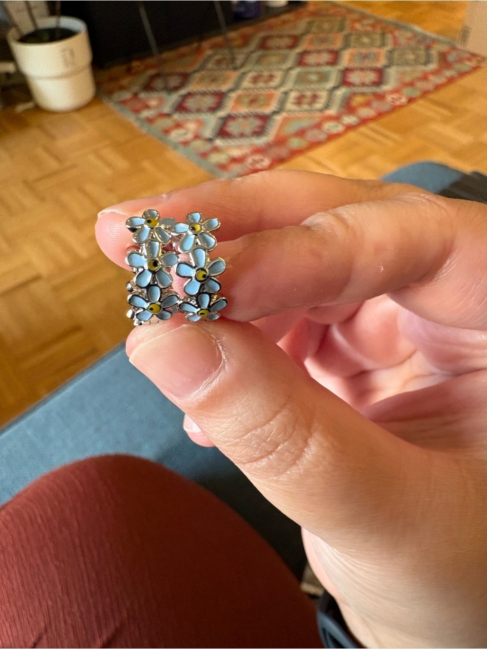 Floral Blue Enamel Daisy Hoop Earrings